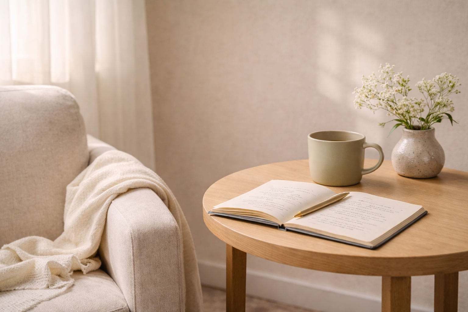 Warm reading nook — chair, notebook, tea